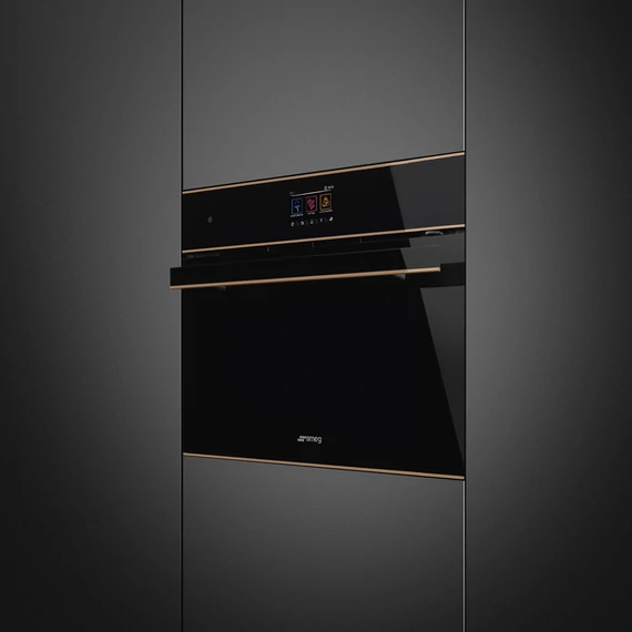 SMEG Galileo Steam100 Pro Kompakt kombinált gőzsütő, TFT kijelzővel - Dolce Stil Novo design, fekete üveg, réz díszítéssel