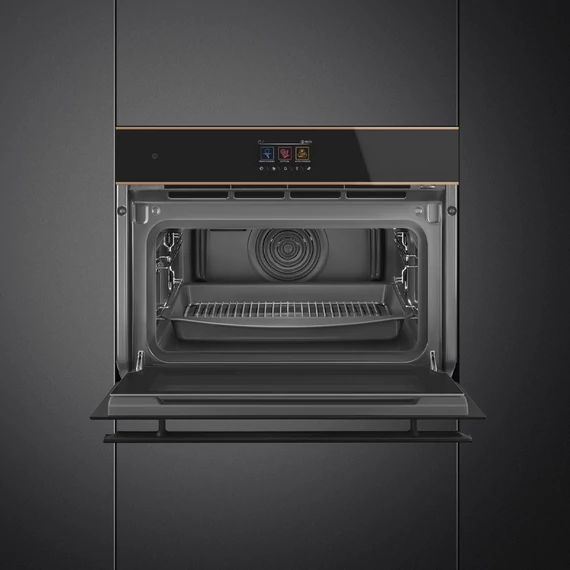 SMEG Galileo Steam100 Pro Kompakt kombinált gőzsütő, TFT kijelzővel - Dolce Stil Novo design, fekete üveg, réz díszítéssel