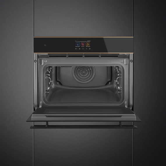 SMEG Galileo Steam100 Pro Kompakt kombinált gőzsütő, TFT kijelzővel - Dolce Stil Novo design, fekete üveg, réz díszítéssel