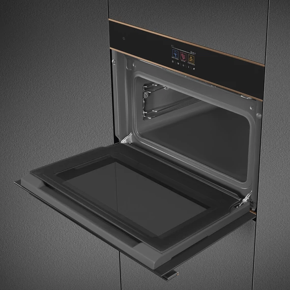 SMEG Galileo Steam100 Pro Kompakt kombinált gőzsütő, TFT kijelzővel - Dolce Stil Novo design, fekete üveg, réz díszítéssel