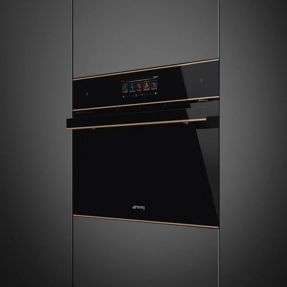 SMEG Galileo Omnichef Kompakt 3 az 1-ben sütő, nagy TFT kijelzővel, Wi-Fi kapcsolattal - Dolce Stil Novo design, fekete üveg, réz díszítésselítéssel