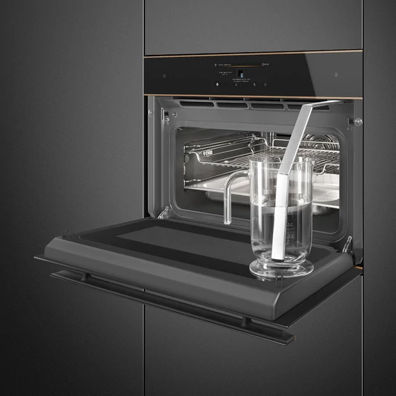 SMEG Galileo Omnichef Kompakt 3 az 1-ben sütő, nagy TFT kijelzővel, Wi-Fi kapcsolattal - Dolce Stil Novo design, fekete üveg, réz díszítésselítéssel