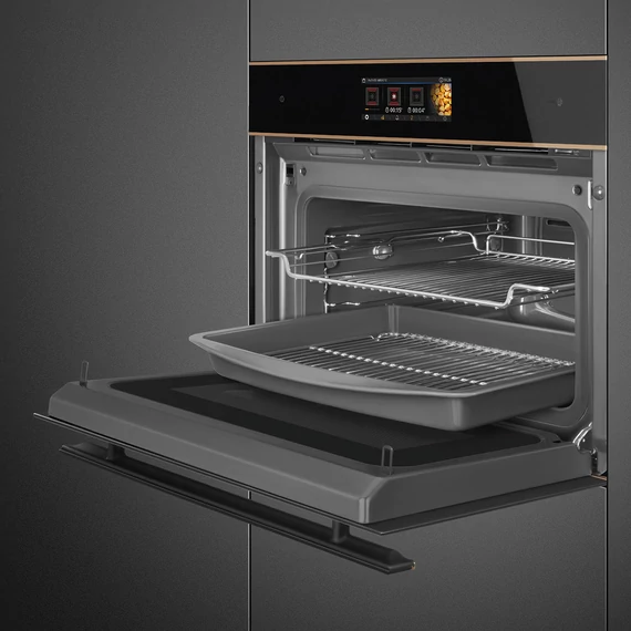SMEG Galileo Omnichef Kompakt 3 az 1-ben sütő, nagy TFT kijelzővel, Wi-Fi kapcsolattal - Dolce Stil Novo design, fekete üveg, réz díszítésselítéssel