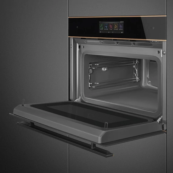 SMEG Galileo Omnichef Kompakt 3 az 1-ben sütő, nagy TFT kijelzővel, Wi-Fi kapcsolattal - Dolce Stil Novo design, fekete üveg, réz díszítésselítéssel