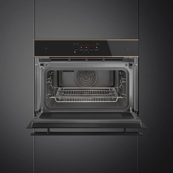 SMEG Galileo Omnichef Kompakt 3 az 1-ben sütő, nagy TFT kijelzővel, Wi-Fi kapcsolattal - Dolce Stil Novo design, fekete üveg, réz díszítésselítéssel