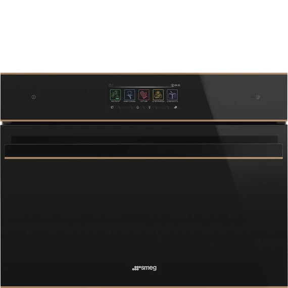 SMEG Galileo Speedwave Kompakt kombinált mikrohullámú sütő, TFT kijelzővel, Wi-Fi kapcsolattal - Dolce Stil Novo design, fekete üveg, réz díszítéssel