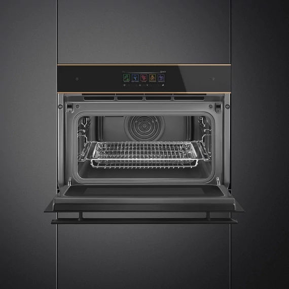 SMEG Galileo Speedwave Kompakt kombinált mikrohullámú sütő, TFT kijelzővel, Wi-Fi kapcsolattal - Dolce Stil Novo design, fekete üveg, réz díszítéssel