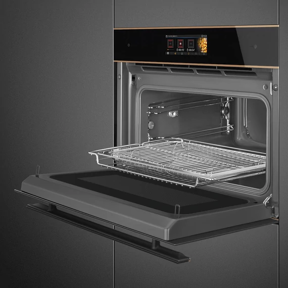 SMEG Galileo Speedwave Kompakt kombinált mikrohullámú sütő, TFT kijelzővel, Wi-Fi kapcsolattal - Dolce Stil Novo design, fekete üveg, réz díszítéssel