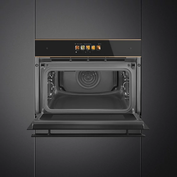 SMEG Galileo Speedwave Kompakt kombinált mikrohullámú sütő, TFT kijelzővel, Wi-Fi kapcsolattal - Dolce Stil Novo design, fekete üveg, réz díszítéssel