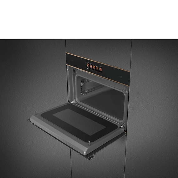 SMEG Galileo Speedwave Kompakt kombinált mikrohullámú sütő, TFT kijelzővel, Wi-Fi kapcsolattal - Dolce Stil Novo design, fekete üveg, réz díszítéssel