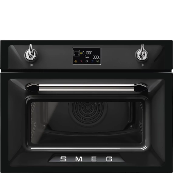 SMEG Kompakt kombinált mikrohullámú sütő Galileo sütőtérrel, nagy LCD kijelzővel - Victoria design, fekete