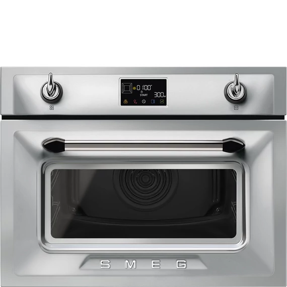 SMEG Kompakt kombinált mikrohullámú sütő Galileo sütőtérrel, nagy LCD kijelzővel - Victoria design, inox