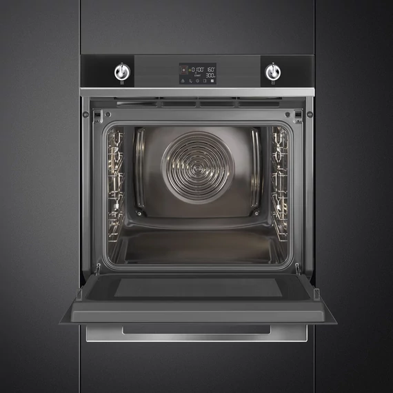 SMEG Galileo Speedwave XL Kompakt kombinált mikrohullámú sütő, nagy LCD kijelzővel - Linea design, fekete üveg