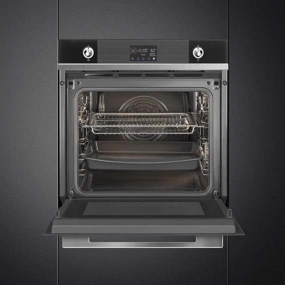 SMEG Galileo Speedwave XL Kompakt kombinált mikrohullámú sütő, nagy LCD kijelzővel - Linea design, fekete üveg