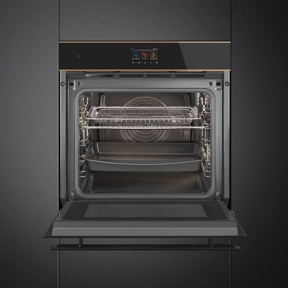SMEG Galileo Speedwave XL Kompakt kombinált mikrohullámú sütő, TFT kijelzővel - Dolce Stil Novo design, fekete üveg, réz díszítéssel