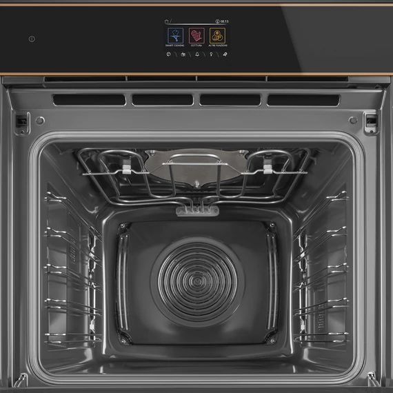 SMEG Galileo Speedwave XL Kompakt kombinált mikrohullámú sütő, TFT kijelzővel - Dolce Stil Novo design, fekete üveg, réz díszítéssel