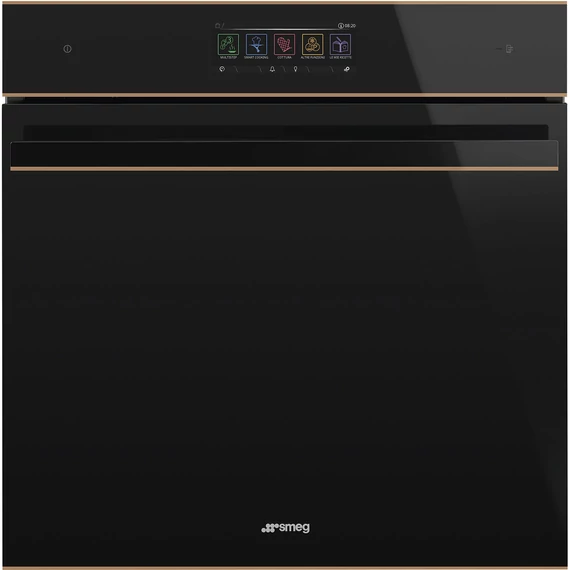 SMEG Galileo Omnichef 3 az 1-ben sütő, nagy TFT kijelzővel, Wi-Fi kapcsolattal - Dolce Stil Novo design, fekete üveg, réz díszítésselítéssel