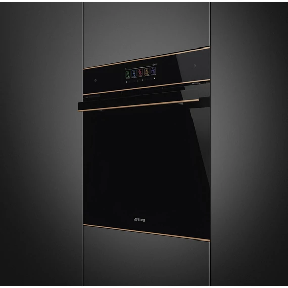 SMEG Galileo Omnichef 3 az 1-ben sütő, nagy TFT kijelzővel, Wi-Fi kapcsolattal - Dolce Stil Novo design, fekete üveg, réz díszítésselítéssel