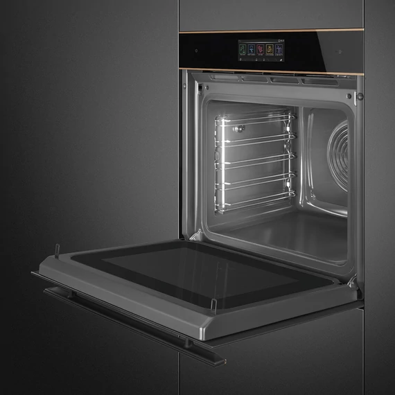 SMEG Galileo Omnichef 3 az 1-ben sütő, nagy TFT kijelzővel, Wi-Fi kapcsolattal - Dolce Stil Novo design, fekete üveg, réz díszítésselítéssel