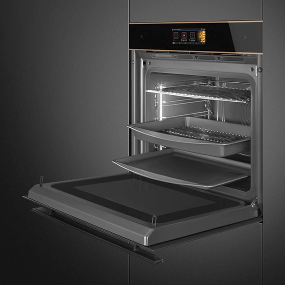 SMEG Galileo Omnichef 3 az 1-ben sütő, nagy TFT kijelzővel, Wi-Fi kapcsolattal - Dolce Stil Novo design, fekete üveg, réz díszítésselítéssel