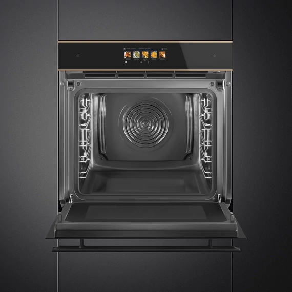 SMEG Galileo Omnichef 3 az 1-ben sütő, nagy TFT kijelzővel, Wi-Fi kapcsolattal - Dolce Stil Novo design, fekete üveg, réz díszítésselítéssel