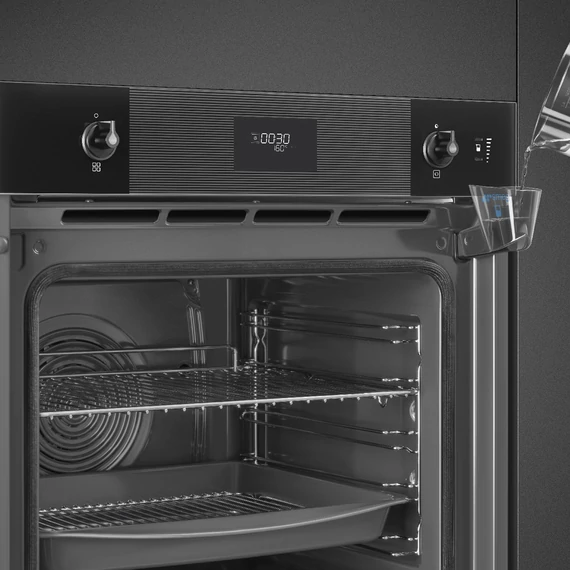 SMEG Kombinált gőzsütő Galileo sütőtérrel,  pirolitikus tisztítássál, LCD kijelzővel - Linea design, mélyfekete üveg