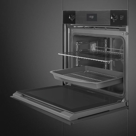 SMEG Kombinált gőzsütő Galileo sütőtérrel,  pirolitikus tisztítássál, LCD kijelzővel - Linea design, mélyfekete üveg