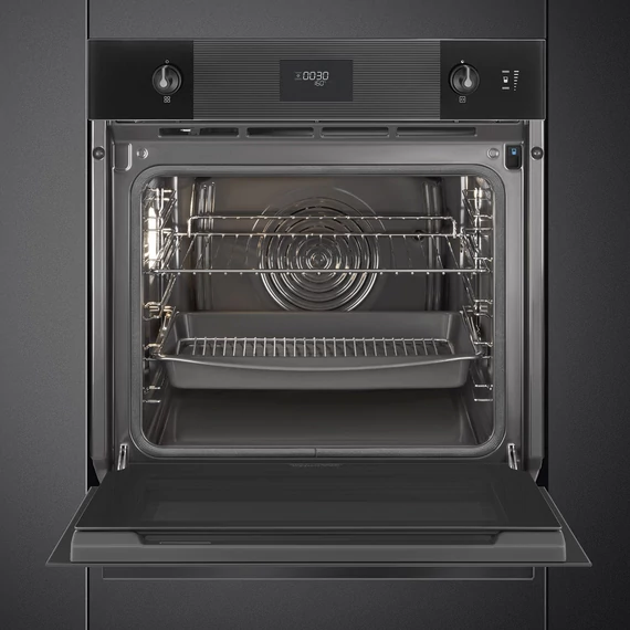 SMEG Kombinált gőzsütő Galileo sütőtérrel,  pirolitikus tisztítássál, LCD kijelzővel - Linea design, mélyfekete üveg