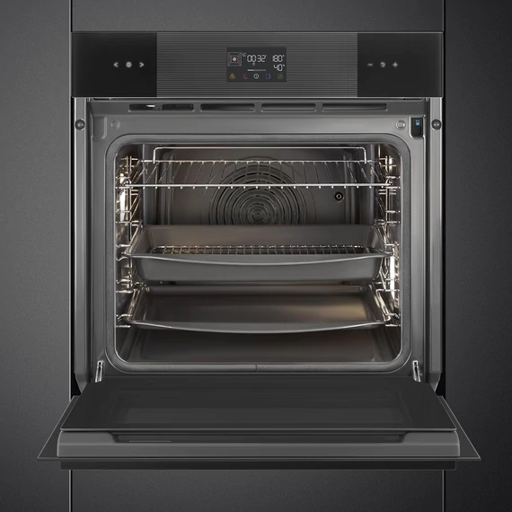 SMEG Kombinált gőzsütő Galileo sütőtérrel,  pirolitikus tisztítássál, nagy LCD kijelzővel- Linea design, mélyfekete üveg