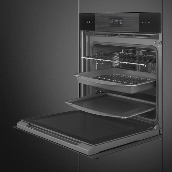 SMEG Kombinált gőzsütő Galileo sütőtérrel,  pirolitikus tisztítássál, nagy LCD kijelzővel- Linea design, mélyfekete üveg