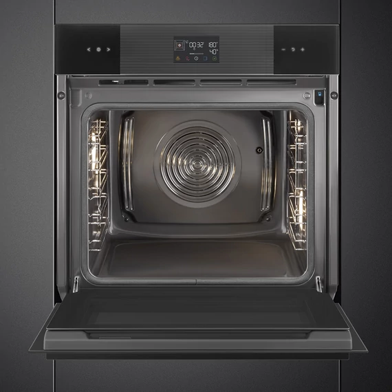 SMEG Kombinált gőzsütő Galileo sütőtérrel,  pirolitikus tisztítássál, nagy LCD kijelzővel- Linea design, mélyfekete üveg