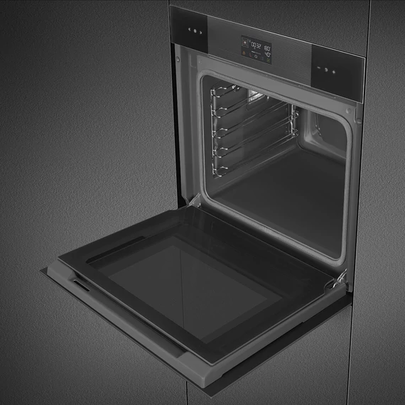 SMEG Kombinált gőzsütő Galileo sütőtérrel,  pirolitikus tisztítássál, nagy LCD kijelzővel- Linea design, mélyfekete üveg