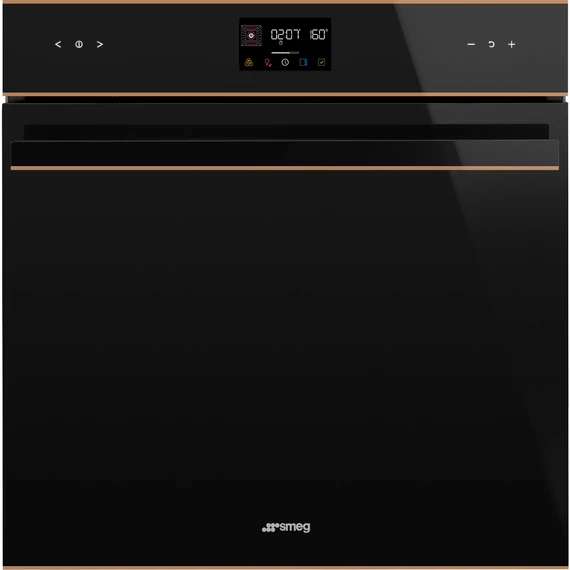 SMEG PIROLITIKUS HŐLÉGKEVERÉSES SÜTŐ, Dolce Stil Novo design, Galileo, 60 cm, ES LCD, fekete üveg, réz díszítéssel