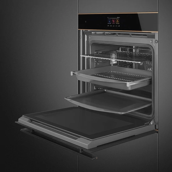SMEG Kombinált gőzsütő Galileo sütőtérrel,  pirolitikus tisztítássál, TFT kijelzővel -  Dolce Stil Novo design, fekete üveg, réz díszítéssel