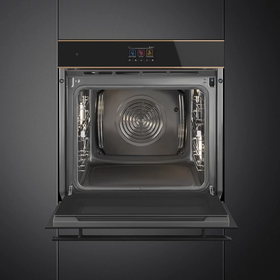 SMEG Kombinált gőzsütő Galileo sütőtérrel,  pirolitikus tisztítássál, TFT kijelzővel -  Dolce Stil Novo design, fekete üveg, réz díszítéssel