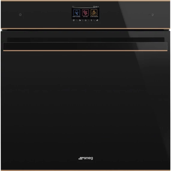 SMEG PIROLITIKUS HŐLÉGKEVERÉSES SÜTŐ, Dolce Stil Novo design, Galileo, 60 cm, TFT, fekete üveg, réz díszítéssel