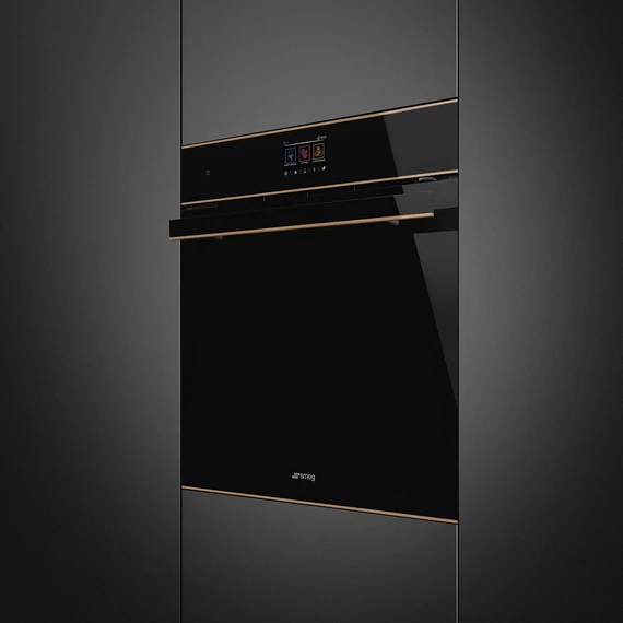 SMEG PIROLITIKUS HŐLÉGKEVERÉSES SÜTŐ, Dolce Stil Novo design, Galileo, 60 cm, TFT, fekete üveg, réz díszítéssel