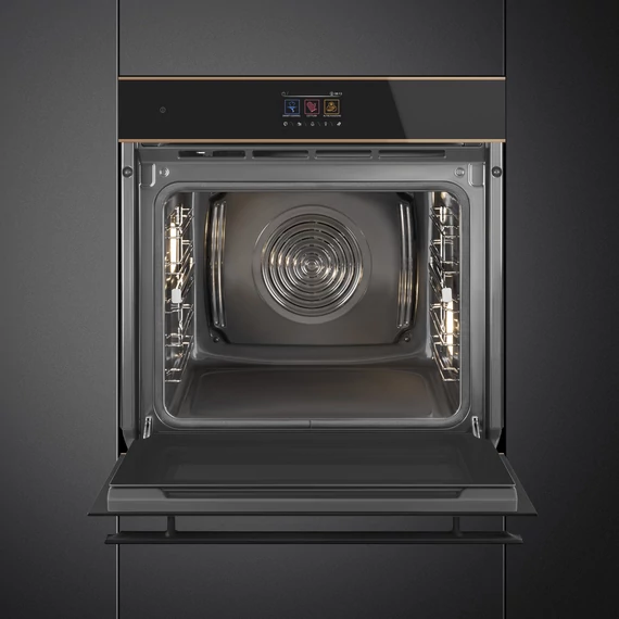 SMEG PIROLITIKUS HŐLÉGKEVERÉSES SÜTŐ, Dolce Stil Novo design, Galileo, 60 cm, TFT, fekete üveg, réz díszítéssel