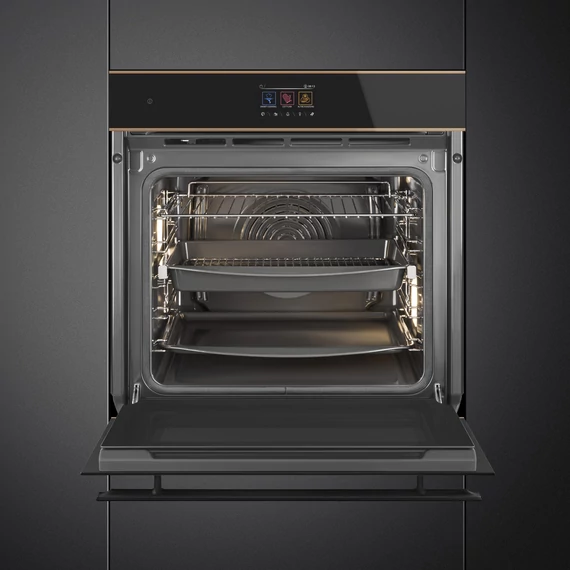 SMEG PIROLITIKUS HŐLÉGKEVERÉSES SÜTŐ, Dolce Stil Novo design, Galileo, 60 cm, TFT, fekete üveg, réz díszítéssel