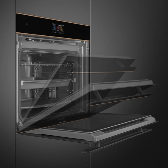 SMEG PIROLITIKUS HŐLÉGKEVERÉSES SÜTŐ, Dolce Stil Novo design, Galileo, 60 cm, TFT, fekete üveg, réz díszítéssel