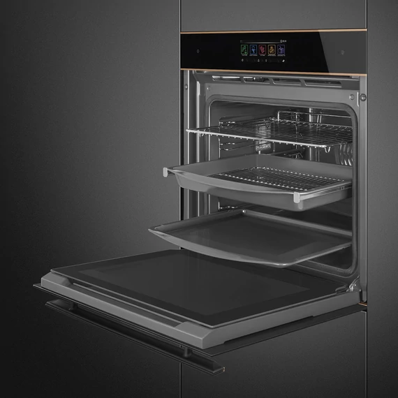 SMEG Kombinált gőzsütő Galileo sütőtérrel,  pirolitikus tisztítássál, TFT kijelzővel, Wi-Fi kapcsolattal - Dolce Stil Novo design, fekete üveg, réz díszítéssel