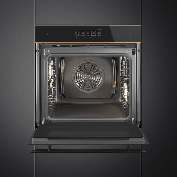 SMEG Kombinált gőzsütő Galileo sütőtérrel,  pirolitikus tisztítássál, TFT kijelzővel, Wi-Fi kapcsolattal - Dolce Stil Novo design, fekete üveg, réz díszítéssel