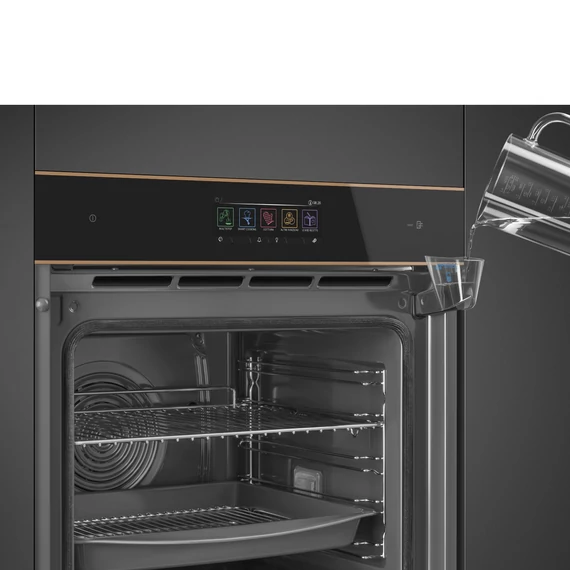 SMEG Kombinált gőzsütő Galileo sütőtérrel,  pirolitikus tisztítássál, TFT kijelzővel, Wi-Fi kapcsolattal - Dolce Stil Novo design, fekete üveg, réz díszítéssel