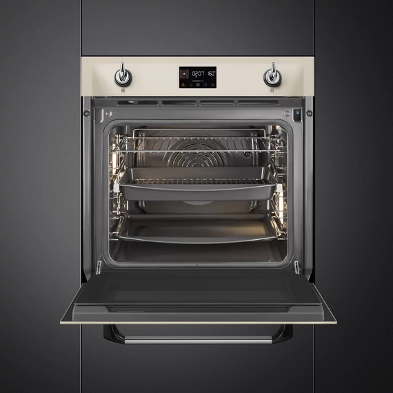 SMEG Kombinált gőzsütő Galileo sütőtérrel,  pirolitikus tisztítássál, nagy LCD kijelzővel - Victoria design, bézs